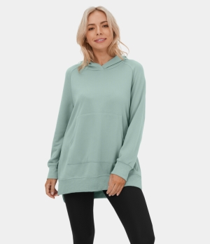 Halara Hooded Kangaroo Pocket Side Split Casual Hoodie Sports Sweatshirt Women's Tops Silt Green | PCAJWKD-16