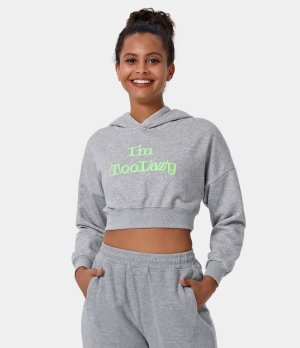 Halara Hooded Letter Print Cropped Pullover Hoodie Sweatshirt Women's Tops Sage Grey | BGDJOPK-24