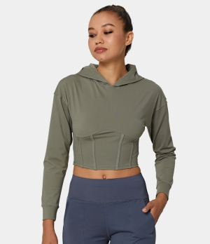 Halara Hooded Plain Cropped Sports Women's Tops Deep Olive | VQLHKOC-17