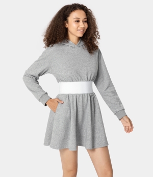 Halara Hooded Pocket Color Block 2-in-1 Mini Flare Women's Dress Porcelain White | 472561-VGE