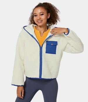 Halara Hooded Pocket Zipper Contrast Trim Teddy Jacket Women's Tops Coconut White | HJPVEFL-65