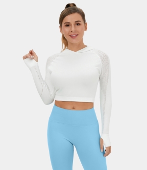 Halara Hooded Thumb Hole Contrast Mesh Cropped Yoga Sports Women's Tops White | JWHXREP-18