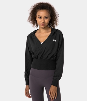 Halara Hooded V Neck Letter Print Thumb Hole Waist Wrap Pullover Women's Tops Black | DZAMEFY-76