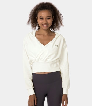 Halara Hooded V Neck Letter Print Thumb Hole Waist Wrap Pullover Women's Tops White | UHMVGPJ-40