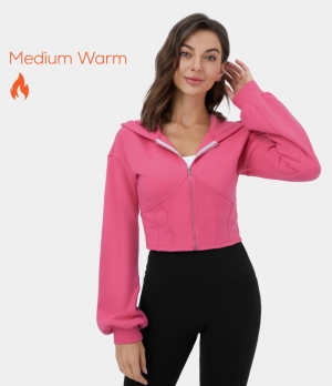 Halara Hooded Zipper Front Bishop Sleeve Cropped Fleece Casual Sports Sweatshirt Women's Tops Camellia Rose | GDPBOME-84