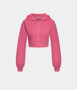 Halara Hooded Zipper Front Bishop Sleeve Cropped Fleece Casual Sports Sweatshirt Women's Tops Camellia Rose | ZPGFJKC-93