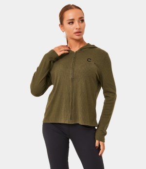 Halara Hooded Zipper Letter Embroidery Plain Ribbed Jacket Women's Tops Golden Granola | IMNHLPY-09