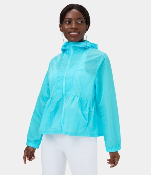 Halara Hooded Zipper Side Pocket Sheer Casual Jacket Women's Tops Blue Radiance | NLKBXZH-65