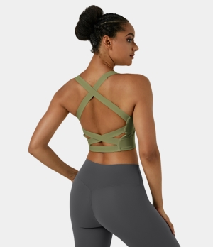 Halara In My Feels Cloudful® Air Square Neck Crisscross Cropped Yoga Tank Women's Tops Moss Green | LWKFBPA-53