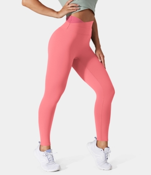 Halara In My Feels Cloudful® Crossover Color Block 7/8 Women's Leggings Strawberry Pink | 496582-TLW