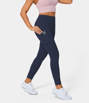 Halara In My Feels Cloudful® High Waisted Double Pockets Plain 7/8 Women's Leggings Peacoat | 845039-YJU