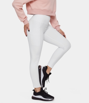 Halara In My Feels Cloudful® High Waisted Double Pockets Plain 7/8 Women's Leggings White | 912346-AUK