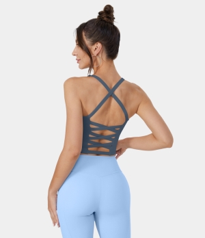 Halara In My Feels Crisscross Backless Cropped Yoga Tank Women's Tops Bering Sea | PLSCMQH-09