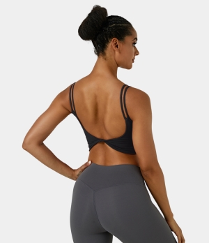 Halara In My Feels Double Straps Backless Twisted Workout Cropped Tank Women's Tops Black | FUQTICH-10