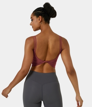 Halara In My Feels Double Straps Backless Twisted Workout Cropped Tank Women's Tops Begonia | IGOHCPT-97