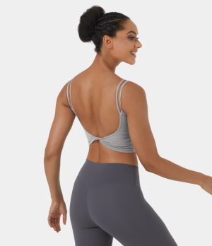 Halara In My Feels Double Straps Backless Twisted Workout Cropped Tank Women's Tops Grey | LRTXVHB-73