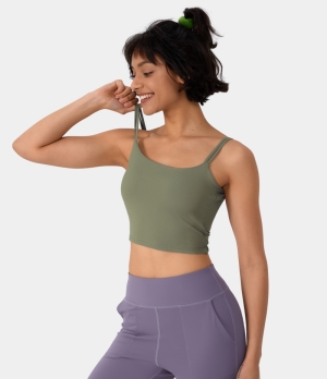 Halara In My Feels Double Straps Backless Twisted Workout Cropped Tank Women's Tops Dill | RLJDKEI-36