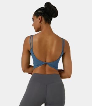 Halara In My Feels Double Straps Backless Twisted Workout Cropped Tank Women's Tops Nouvean Navy | RQXEINA-49