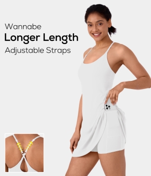 Halara In My Feels Everyday Cloudful® 2-in-1 Flare Activity-Wannabe-Longer Length & Adjustable Straps Women's Dress White | 149802-EPR