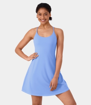 Halara In My Feels Everyday Cloudful® 2-in-1 Flare Activity-Wannabe-Longer Length & Adjustable Straps Women's Dress Pure Sky Blue | 394507-LDW