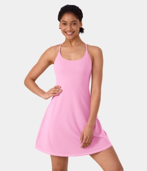Halara In My Feels Everyday Cloudful® 2-in-1 Flare Activity-Wannabe-Longer Length & Adjustable Straps Women's Dress Pink Frosting | 512670-IXR