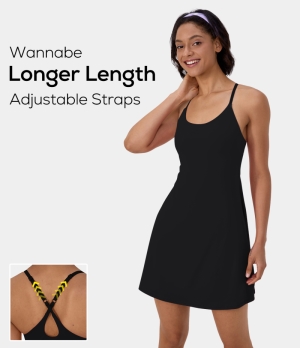 Halara In My Feels Everyday Cloudful® 2-in-1 Flare Activity-Wannabe-Longer Length & Adjustable Straps Women's Dress Black | 638749-SNW