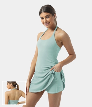 Halara In My Feels Everyday Cloudful® Backless 2-in-1 Activity-Laugh Women's Dress Aqua Foam | 096582-JVP