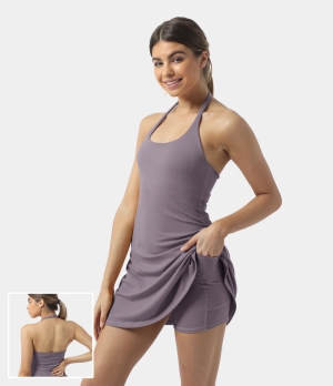 Halara In My Feels Everyday Cloudful® Backless 2-in-1 Activity-Laugh Women's Dress Purple Sage | 107982-RBE