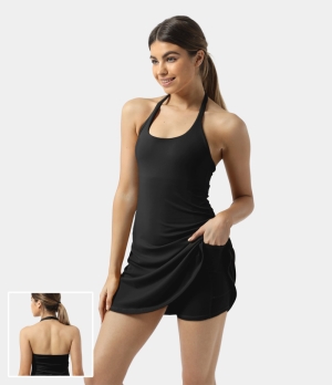 Halara In My Feels Everyday Cloudful® Backless 2-in-1 Activity-Laugh Women's Dress Black | 302915-DJC