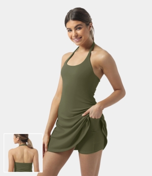 Halara In My Feels Everyday Cloudful® Backless 2-in-1 Activity-Laugh Women's Dress Winter Moss | 765241-NRJ