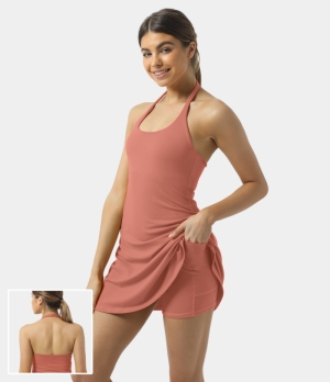 Halara In My Feels Everyday Cloudful® Backless 2-in-1 Activity-Laugh Women's Dress Apricot Brandy | 819654-LIX