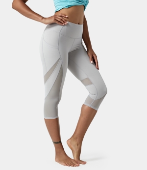 Halara In My Feels High Waisted Contrast Mesh Side Pocket Plain Capri Women's Leggings Grey | 826594-JEY