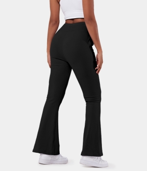 Halara In My Feels High Waisted Drawstring Pocket Plain Flare Long Women's Pants Black | 095826-XKR