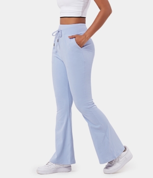 Halara In My Feels High Waisted Drawstring Pocket Plain Flare Long Women's Pants Light Baby Blue | 106437-WDI