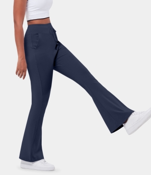 Halara In My Feels High Waisted Drawstring Pocket Plain Flare Long Women's Pants Oceana | 265139-PHS