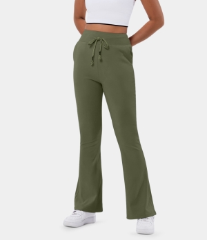 Halara In My Feels High Waisted Drawstring Pocket Plain Flare Long Women's Pants Moss Green | 720164-MHJ