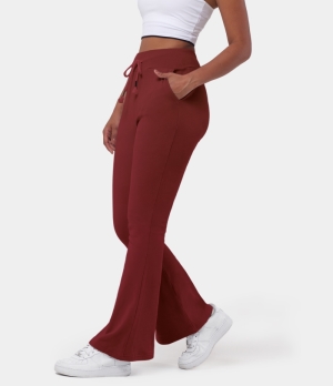 Halara In My Feels High Waisted Drawstring Pocket Plain Flare Long Women's Pants Blood Orange | 780935-BWA