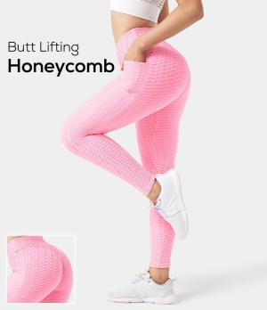 Halara In My Feels High Waisted Ruched Butt Lifting Honeycomb Yoga 7/8 Women's Leggings Pink | 429180-VXG