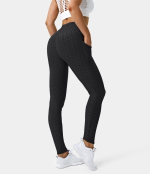 Halara In My Feels High Waisted Ruched Butt Lifting Honeycomb Yoga 7/8 Women's Leggings Black | 560894-LZC