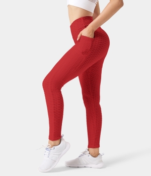 Halara In My Feels High Waisted Ruched Butt Lifting Honeycomb Yoga 7/8 Women's Leggings Vermillion | 601852-CRI