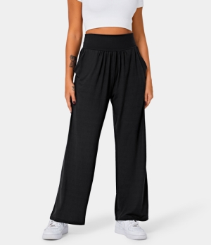 Halara In My Feels High Waisted Side Pocket Plain Wide Leg Women's Pants Black | 586392-QNK