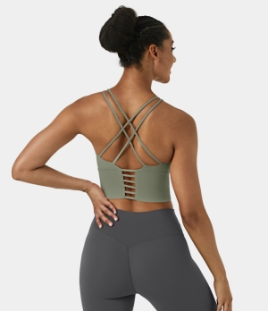 Halara In My Feels Low Support High Neck Longline Yoga Sports Bra Women's Tops Playground - Moss Green | AJHDVLP-09