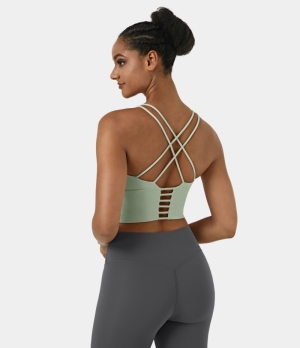Halara In My Feels Low Support High Neck Longline Yoga Sports Bra Women's Tops Ghostin' - Celadon | IQKOMPE-18