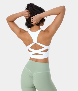 Halara In My Feels Low Support Racerback Crisscross Yoga Sports Bra Women's Tops White | ZBYRWQC-82