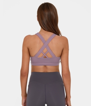 Halara In My Feels Medium Support Backless Crisscross Running Sports Bra Women's Tops Dove Purple | HWEBVSY-76