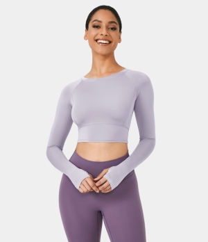 Halara In My Feels Solid Thumb Hole Cropped Sports Women's Tops Cloud Grey | RUZJTFO-87