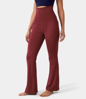 Halara In My Feels Super High Waisted Foldover Pocket Full Length Flare Women's Leggings Wine Red | 038592-RXW
