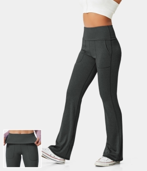 Halara In My Feels Super High Waisted Foldover Pocket Full Length Flare Women's Leggings Black | 275681-EYO