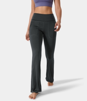 Halara In My Feels Super High Waisted Foldover Pocket Full Length Flare Women's Leggings Black | 846019-HJT