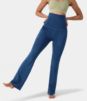 Halara In My Feels Super High Waisted Foldover Pocket Full Length Flare Women's Leggings Deep Blue | 879123-RSF